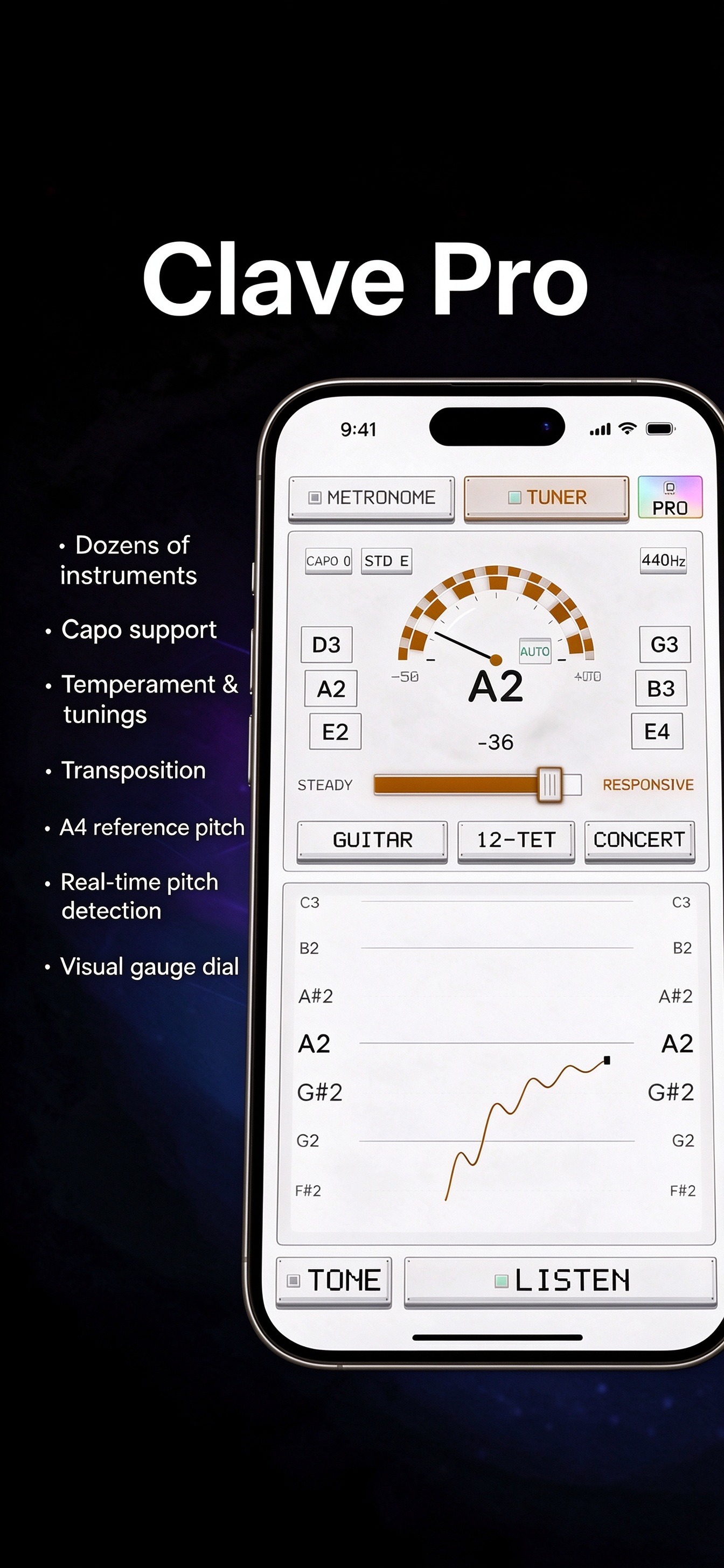 Clave Pro — instruments, temperament and transposition