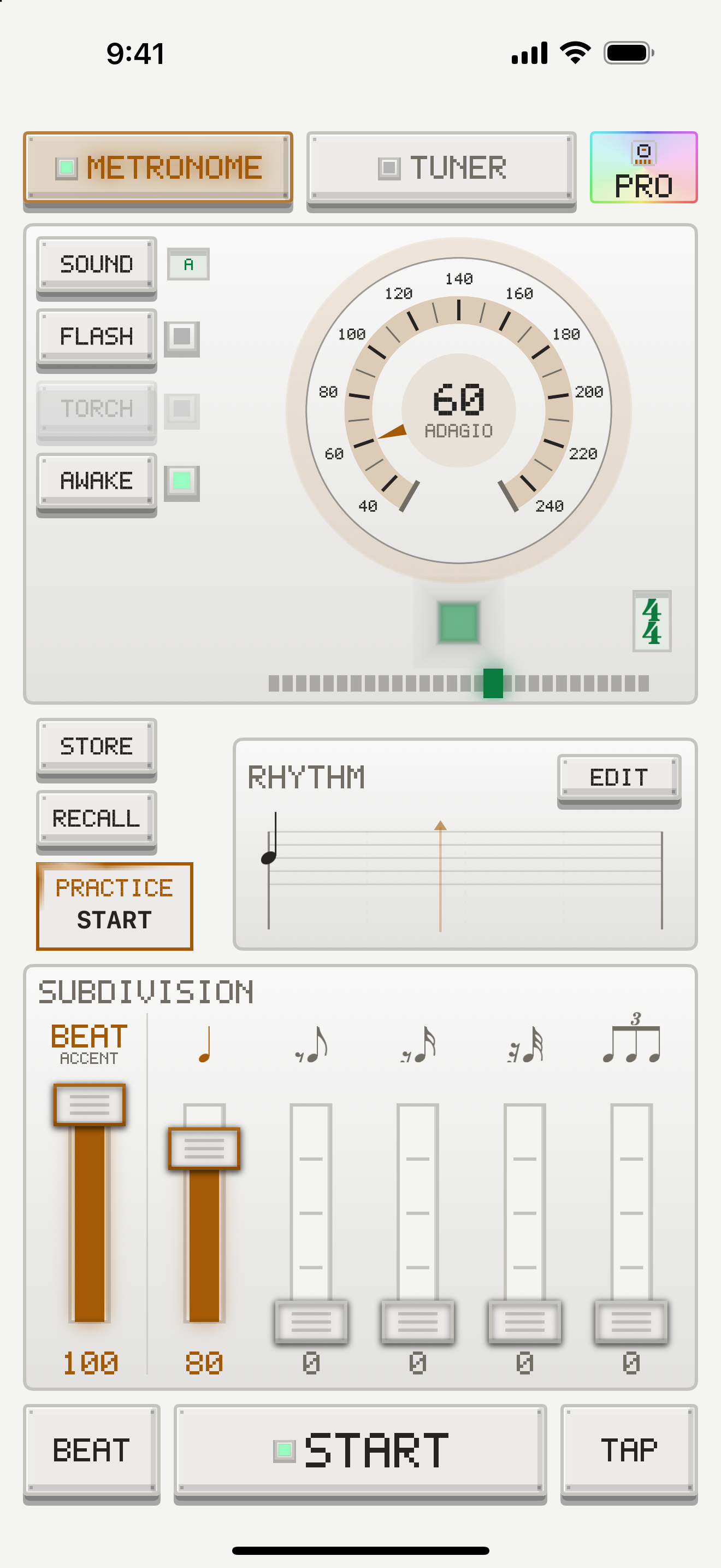 Clave for iPhone showing the Pro metronome panel