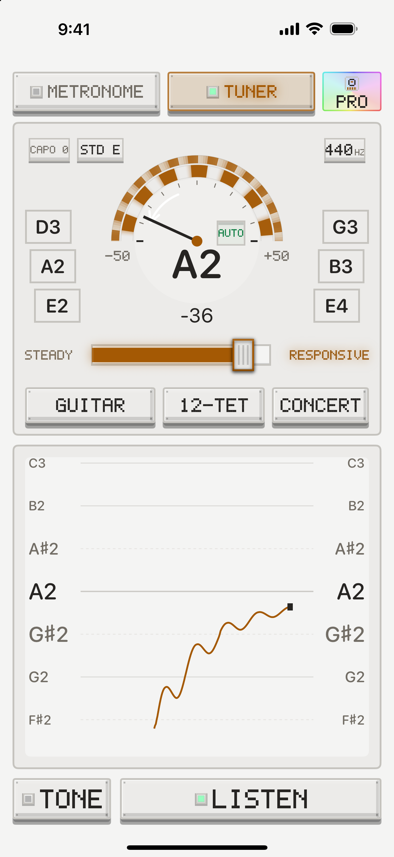 Clave for iPhone showing the Pro tuner panel